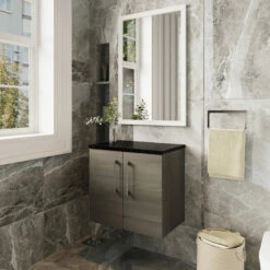 Nuie Arno Wall Hung 2-Door Vanity Unit With Sparkling Black Worktop 600mm Wide - Solace Oak Woodgrain -HEATANDPLUMB Sales nuie arno vanity unit arn2523lsb 2