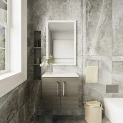 Nuie Arno Wall Hung 2-Door Vanity Unit With Sparkling White Worktop 600mm Wide - Solace Oak Woodgrain -HEATANDPLUMB Sales nuie arno vanity unit arn2523lsw 1