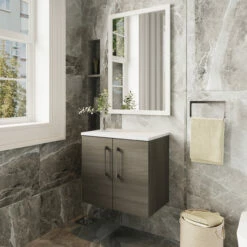 Nuie Arno Wall Hung 2-Door Vanity Unit With Sparkling White Worktop 600mm Wide - Solace Oak Woodgrain -HEATANDPLUMB Sales nuie arno vanity unit arn2523lsw 2