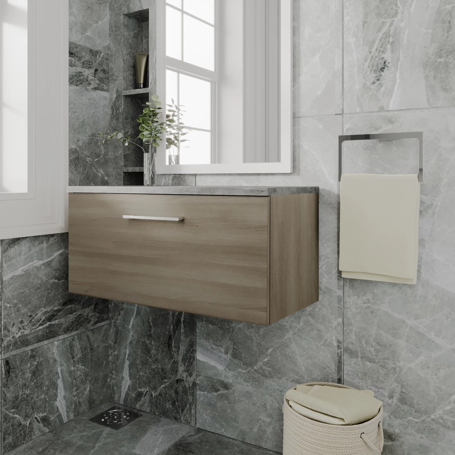 Nuie Arno Wall Hung 1-Drawer Vanity Unit With Bellato Grey Worktop 800mm Wide - Solace Oak Woodgrain 7 Nuie Arno Wall Hung 1-Drawer Vanity Unit With Bellato Grey Worktop 800mm Wide - Solace Oak Woodgrain - Image 5