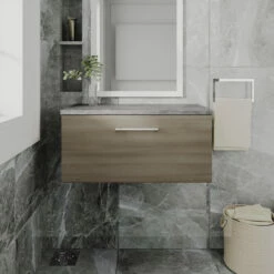 Nuie Arno Wall Hung 1-Drawer Vanity Unit With Bellato Grey Worktop 800mm Wide - Solace Oak Woodgrain