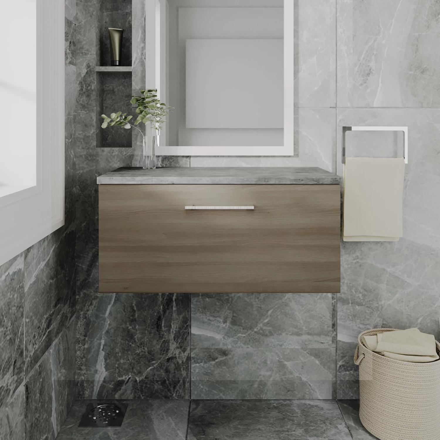 Nuie Arno Wall Hung 1-Drawer Vanity Unit With Bellato Grey Worktop 800mm Wide - Solace Oak Woodgrain 3 Nuie Arno Wall Hung 1-Drawer Vanity Unit With Bellato Grey Worktop 800mm Wide - Solace Oak Woodgrain