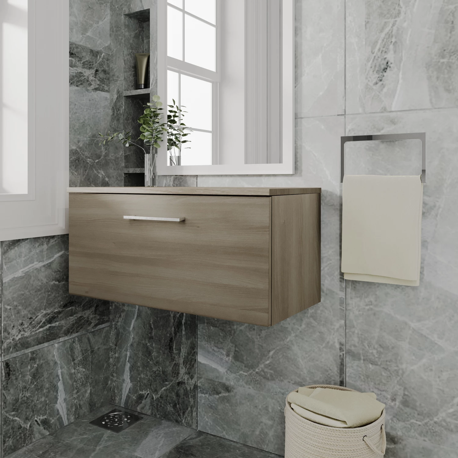 Nuie Arno Wall Hung 1-Drawer Vanity Unit With Worktop 800mm Wide - Solace Oak Woodgrain 4 Nuie Arno Wall Hung 1-Drawer Vanity Unit With Worktop 800mm Wide - Solace Oak Woodgrain - Image 2