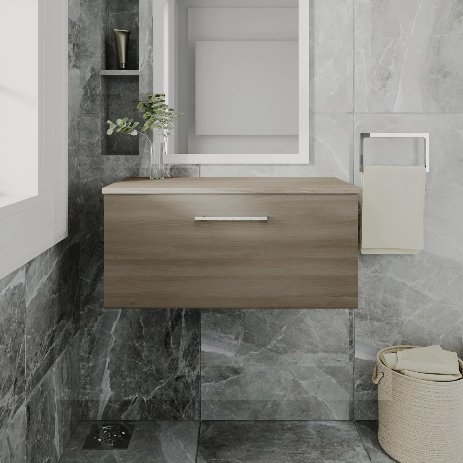 Nuie Arno Wall Hung 1-Drawer Vanity Unit With Worktop 800mm Wide - Solace Oak Woodgrain 7 Nuie Arno Wall Hung 1-Drawer Vanity Unit With Worktop 800mm Wide - Solace Oak Woodgrain - Image 5