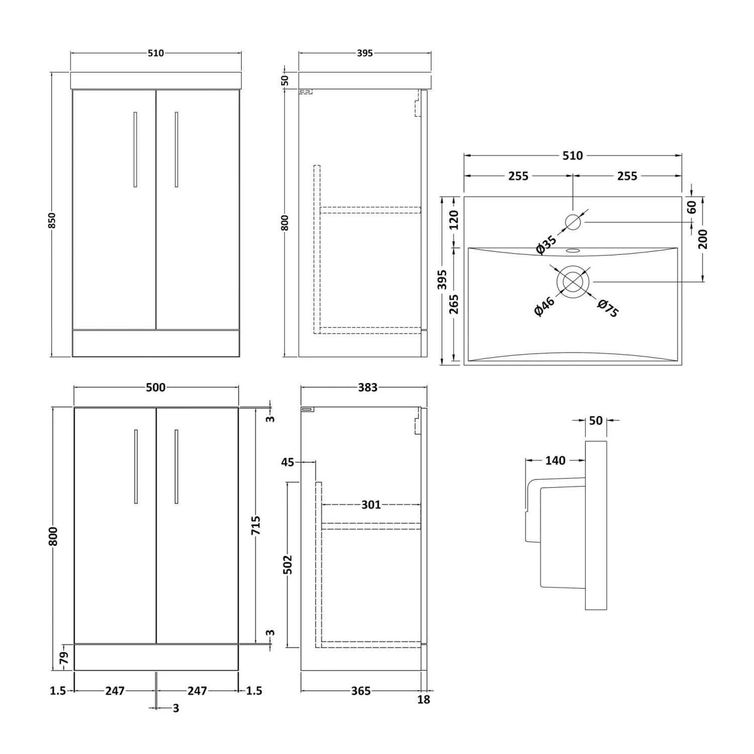 Nuie Arno Floor Standing 2-Door Vanity Unit With Basin-3 500mm Wide - Gloss White 4 Nuie Arno Floor Standing 2-Door Vanity Unit With Basin-3 500mm Wide - Gloss White - Image 2