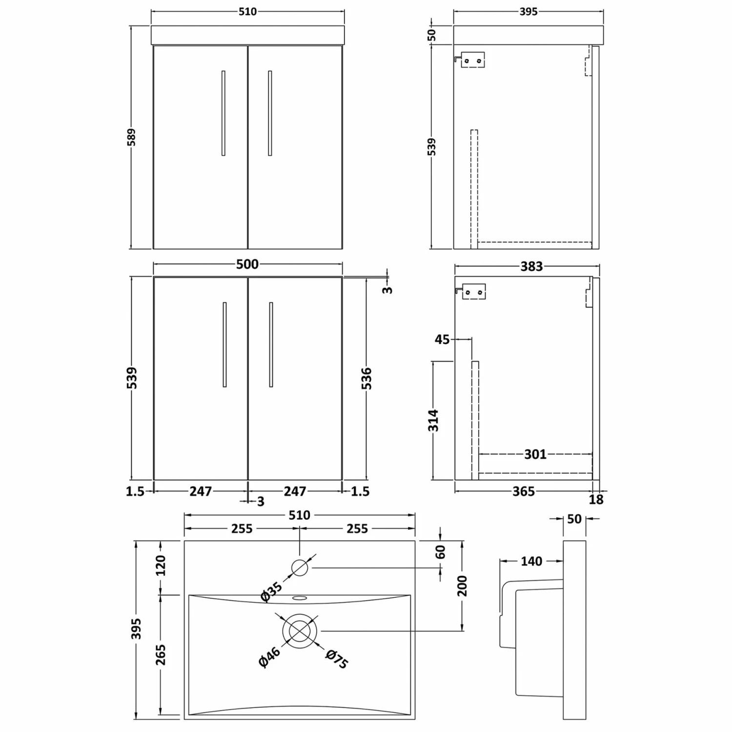 Nuie Arno Wall Hung 2-Door Vanity Unit With Basin-3 500mm Wide - Solace Oak Woodgrain 6 Nuie Arno Wall Hung 2-Door Vanity Unit With Basin-3 500mm Wide - Solace Oak Woodgrain - Image 4