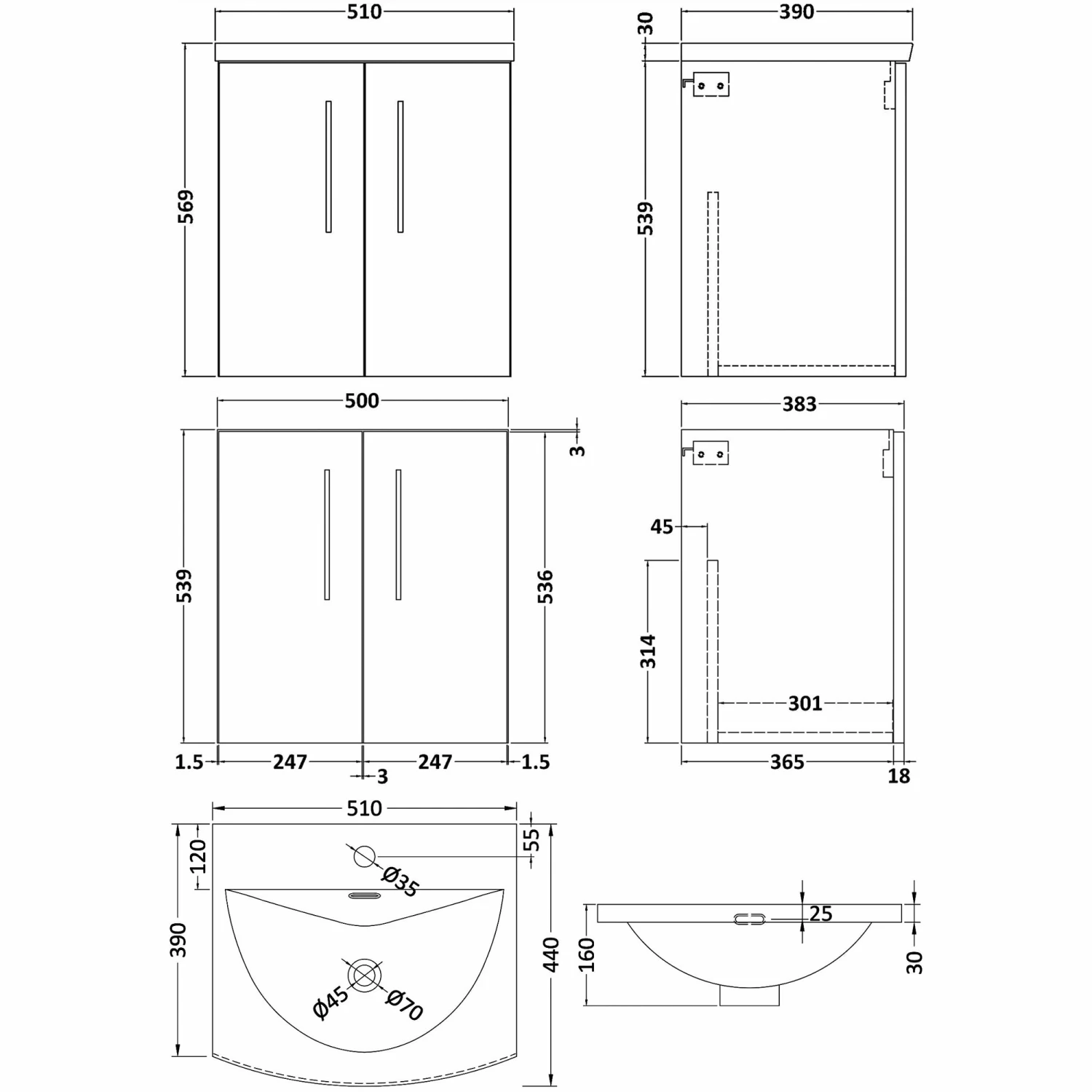 Nuie Arno Wall Hung 2-Door Vanity Unit With Basin-4 500mm Wide - Electric Blue 5 Nuie Arno Wall Hung 2-Door Vanity Unit With Basin-4 500mm Wide - Electric Blue - Image 3