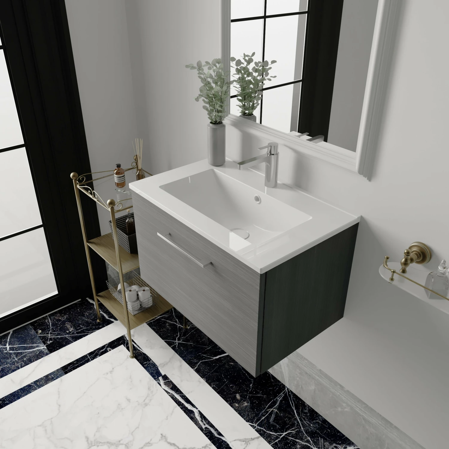 Nuie Arno Wall Hung 1-Drawer Vanity Unit With Basin-2 600mm Wide - Black Woodgrain 3 Nuie Arno Wall Hung 1-Drawer Vanity Unit With Basin-2 600mm Wide - Black Woodgrain