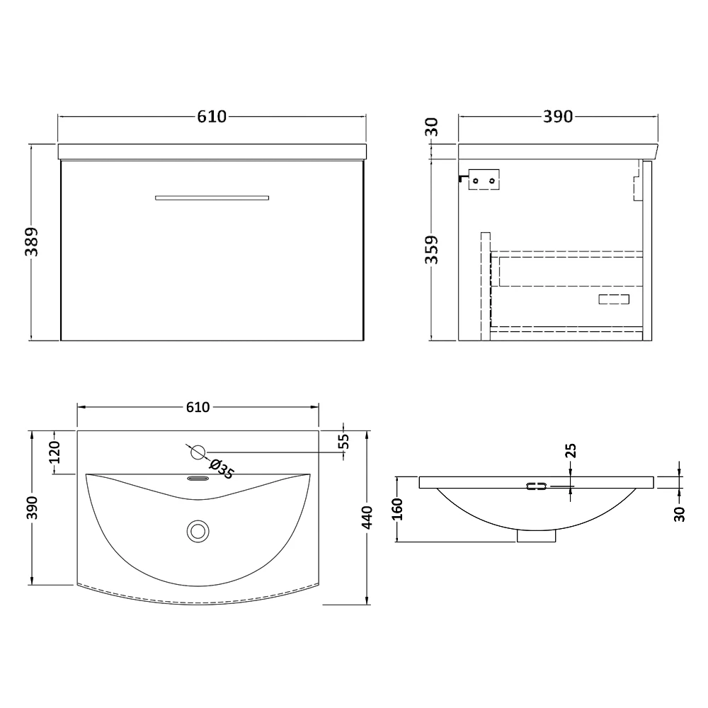 Nuie Arno Wall Hung 1-Drawer Vanity Unit With Basin-4 600mm Wide - Solace Oak Woodgrain 7 Nuie Arno Wall Hung 1-Drawer Vanity Unit With Basin-4 600mm Wide - Solace Oak Woodgrain - Image 5