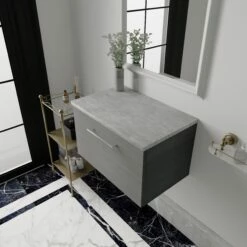 Nuie Arno Wall Hung 1-Drawer Vanity Unit With Bellato Grey Worktop 600mm Wide - Satin Reed Green -HEATANDPLUMB Sales nuie arno vanity unit arn522lbg 3