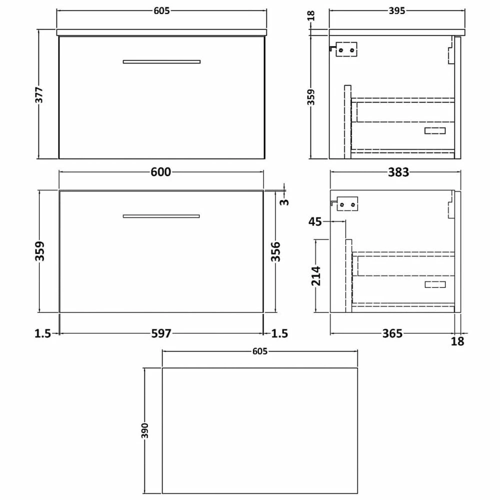 Nuie Arno Wall Hung 1-Drawer Vanity Unit With Worktop 600mm Wide - Anthracite Woodgrain 5 Nuie Arno Wall Hung 1-Drawer Vanity Unit With Worktop 600mm Wide - Anthracite Woodgrain - Image 3
