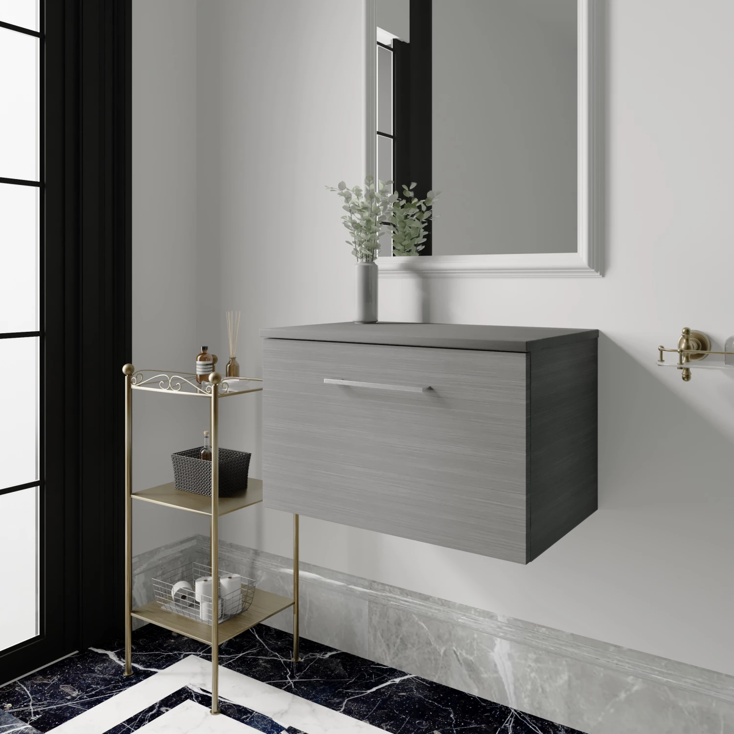 Nuie Arno Wall Hung 1-Drawer Vanity Unit With Worktop 600mm Wide - Anthracite Woodgrain 10 Nuie Arno Wall Hung 1-Drawer Vanity Unit With Worktop 600mm Wide - Anthracite Woodgrain - Image 8