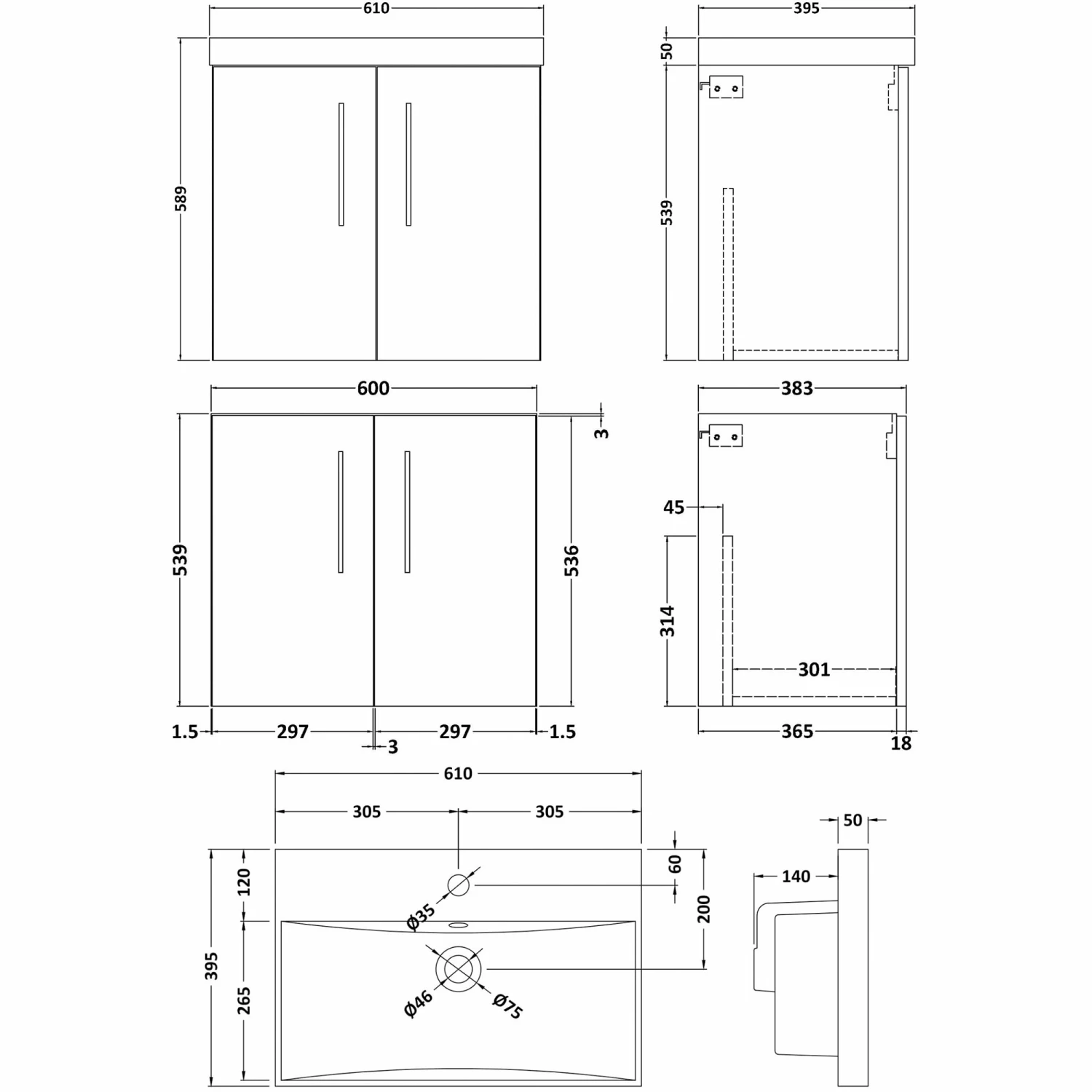 Nuie Arno Wall Hung 2-Door Vanity Unit With Basin-3 600mm Wide - Gloss White 7 Nuie Arno Wall Hung 2-Door Vanity Unit With Basin-3 600mm Wide - Gloss White - Image 5