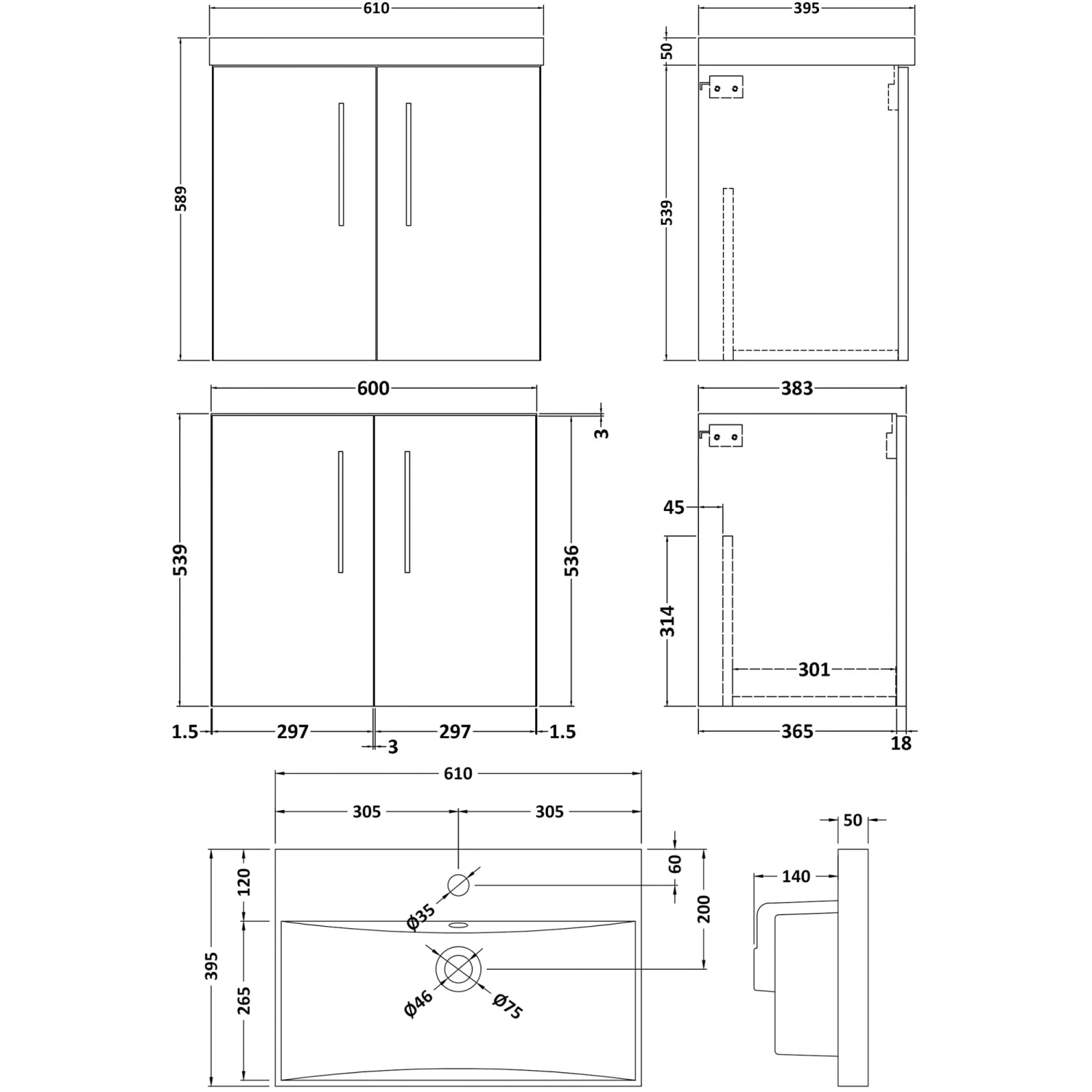 Nuie Arno Wall Hung 2-Door Vanity Unit With Basin-3 600mm Wide - Solace Oak Woodgrain 6 Nuie Arno Wall Hung 2-Door Vanity Unit With Basin-3 600mm Wide - Solace Oak Woodgrain - Image 4