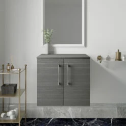 Nuie Arno Wall Hung 2-Door Vanity Unit With Worktop 600mm Wide - Anthracite Woodgrain