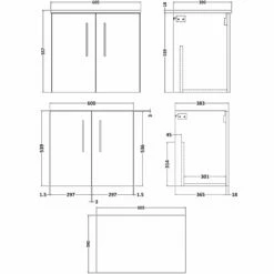 Nuie Arno Wall Hung 2-Door Vanity Unit With Worktop 600mm Wide - Gloss Mid Grey -HEATANDPLUMB Sales nuie arno vanity unit arn523w 3 4