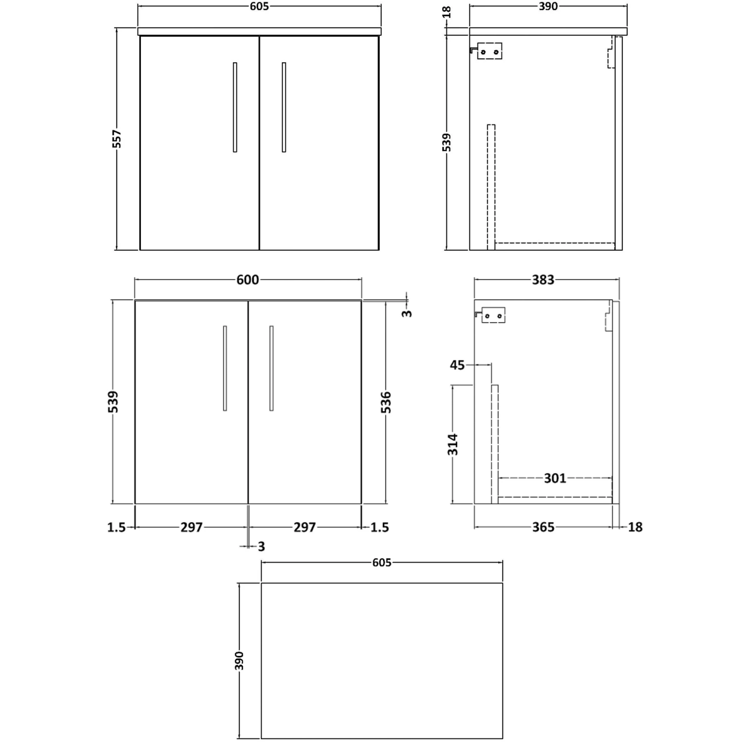 Nuie Arno Wall Hung 2-Door Vanity Unit With Worktop 600mm Wide - Satin Anthracite 3 Nuie Arno Wall Hung 2-Door Vanity Unit With Worktop 600mm Wide - Satin Anthracite