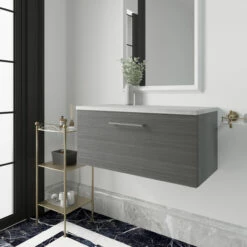 Nuie Arno Wall Hung 1-Drawer Vanity Unit With Bellato Grey Worktop 800mm Wide - Anthracite Woodgrain -HEATANDPLUMB Sales nuie arno vanity unit arn525lbg 1