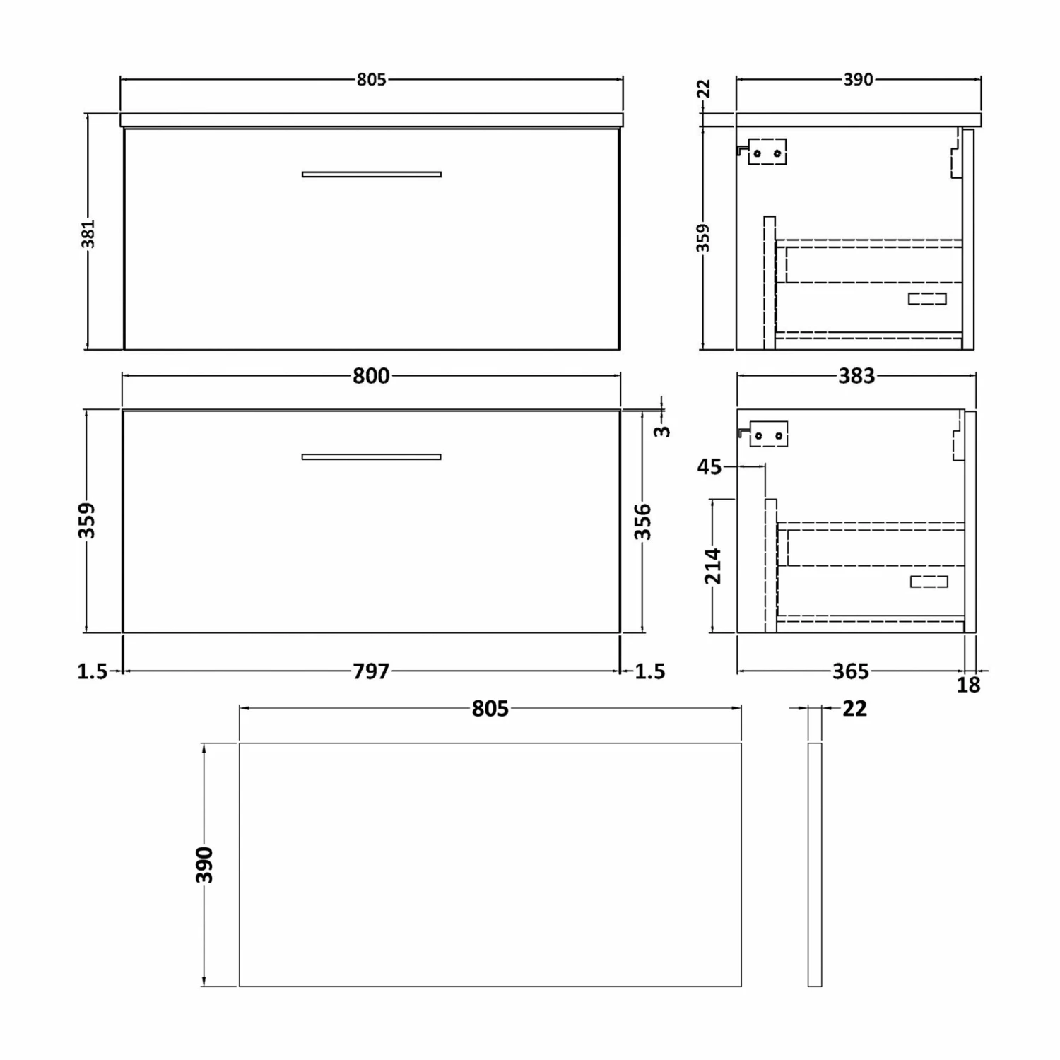 Nuie Arno Wall Hung 1-Drawer Vanity Unit With Bellato Grey Worktop 800mm Wide - Solace Oak Woodgrain 4 Nuie Arno Wall Hung 1-Drawer Vanity Unit With Bellato Grey Worktop 800mm Wide - Solace Oak Woodgrain - Image 2