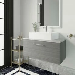 Nuie Arno Wall Hung 1-Drawer Vanity Unit With Bellato Grey Worktop 800mm Wide - Black Woodgrain -HEATANDPLUMB Sales nuie arno vanity unit arn525lbg 3 3