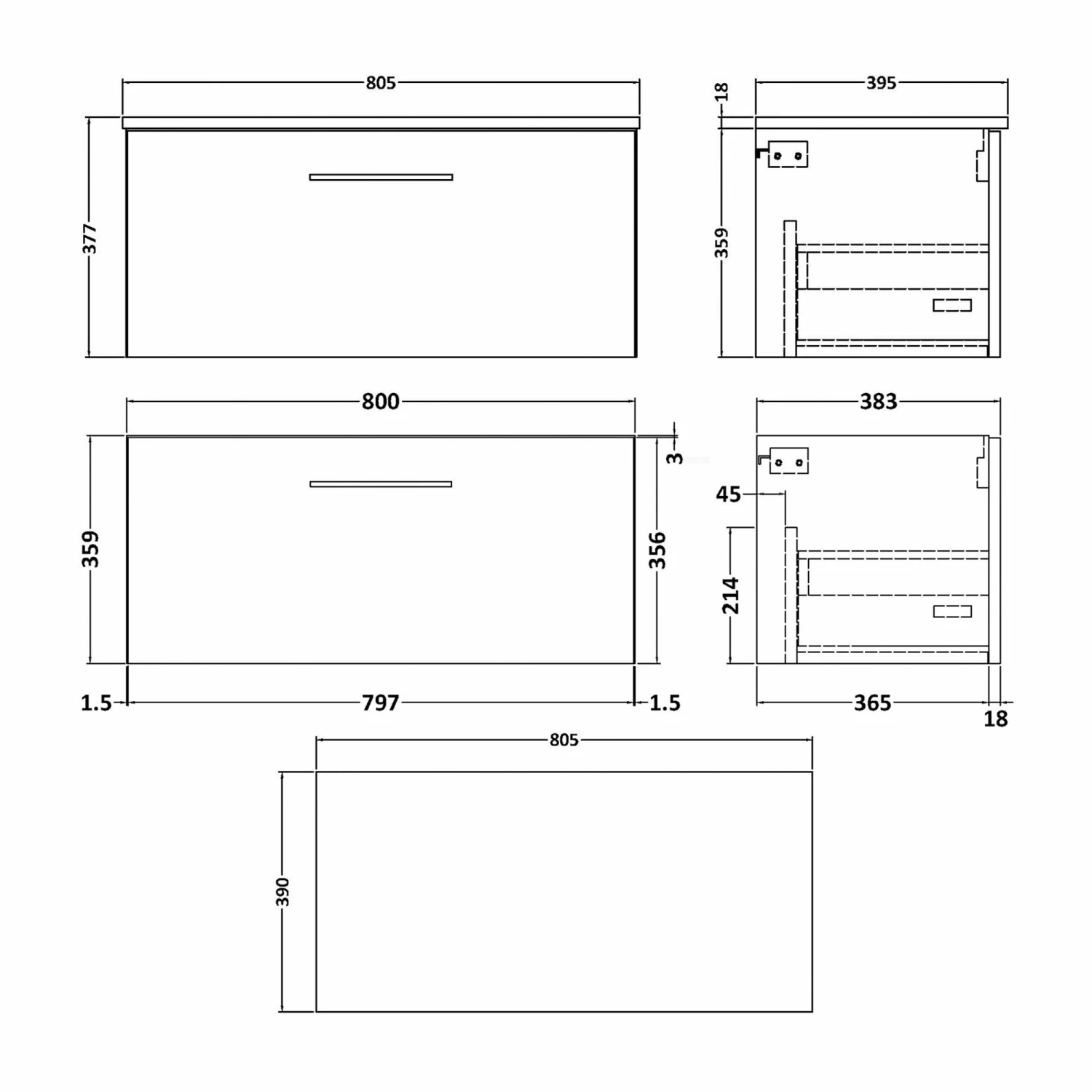 Nuie Arno Wall Hung 1-Drawer Vanity Unit With Worktop 800mm Wide - Satin Anthracite 3 Nuie Arno Wall Hung 1-Drawer Vanity Unit With Worktop 800mm Wide - Satin Anthracite