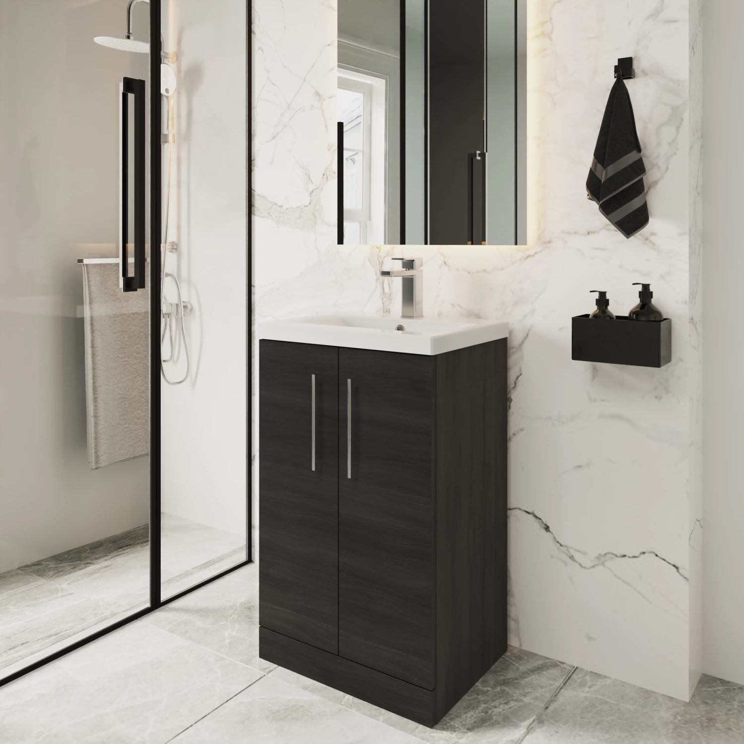 Nuie Arno Floor Standing 2-Door Vanity Unit With Basin-1 500mm Wide - Black Woodgrain 5 Nuie Arno Floor Standing 2-Door Vanity Unit With Basin-1 500mm Wide - Black Woodgrain - Image 3