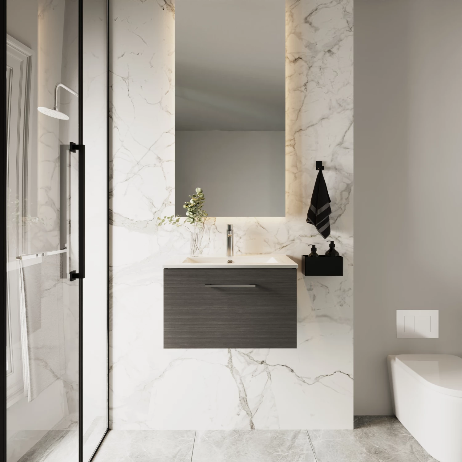 Nuie Arno Wall Hung 1-Drawer Vanity Unit With Basin-2 600mm Wide - Black Woodgrain 6 Nuie Arno Wall Hung 1-Drawer Vanity Unit With Basin-2 600mm Wide - Black Woodgrain - Image 4