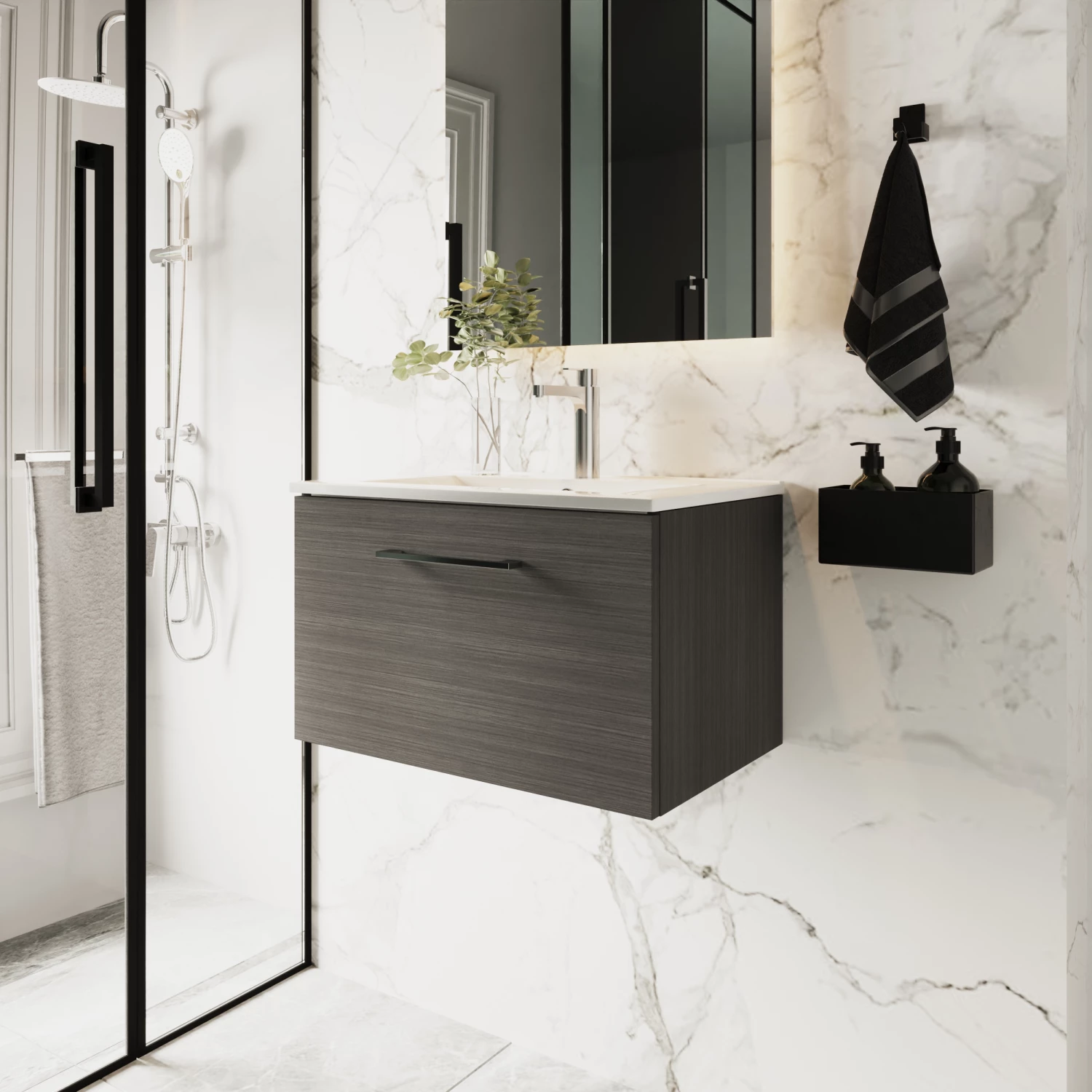 Nuie Arno Wall Hung 1-Drawer Vanity Unit With Basin-2 600mm Wide - Black Woodgrain 7 Nuie Arno Wall Hung 1-Drawer Vanity Unit With Basin-2 600mm Wide - Black Woodgrain - Image 5