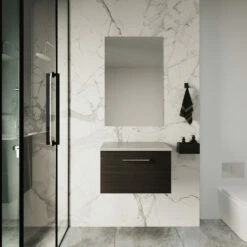 Nuie Arno Wall Hung 1-Drawer Vanity Unit With Bellato Grey Worktop 600mm Wide - Black Woodgrain -HEATANDPLUMB Sales nuie arno vanity unit arn622lbg 1