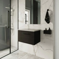 Nuie Arno Wall Hung 1-Drawer Vanity Unit With Bellato Grey Worktop 600mm Wide - Black Woodgrain -HEATANDPLUMB Sales nuie arno vanity unit arn622lbg 2