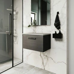 Nuie Arno Wall Hung 1-Drawer Vanity Unit With Sparkling White Worktop 600mm Wide - Black Woodgrain -HEATANDPLUMB Sales nuie arno vanity unit arn622lsw 2