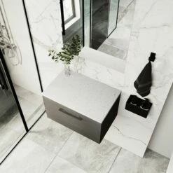 Nuie Arno Wall Hung 1-Drawer Vanity Unit With Sparkling White Worktop 600mm Wide - Black Woodgrain