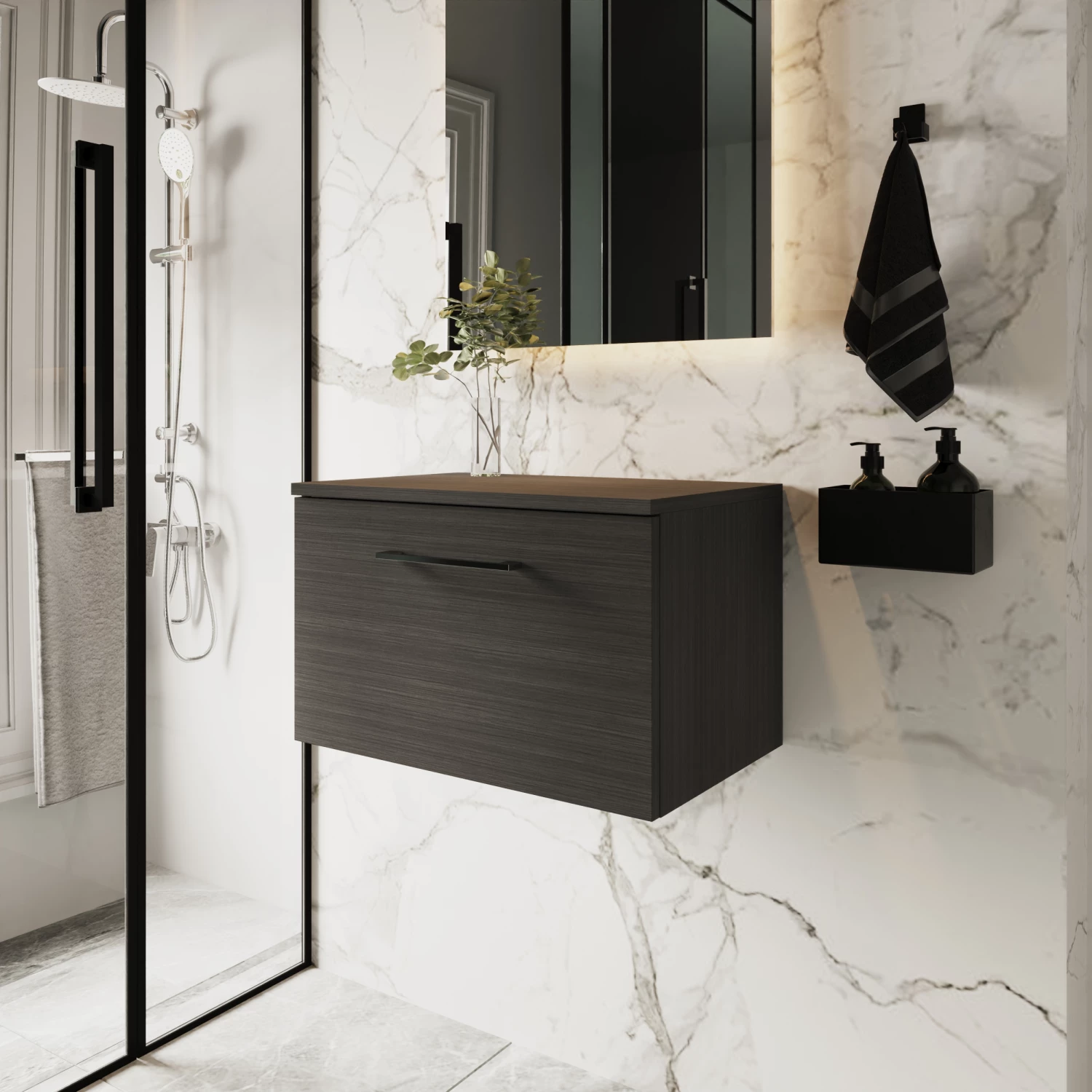 Nuie Arno Wall Hung 1-Drawer Vanity Unit With Worktop 600mm Wide - Black Woodgrain 8 Nuie Arno Wall Hung 1-Drawer Vanity Unit With Worktop 600mm Wide - Black Woodgrain - Image 6