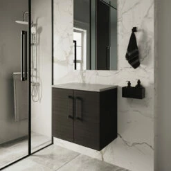 Nuie Arno Wall Hung 2-Door Vanity Unit With Bellato Grey Worktop 600mm Wide - Black Woodgrain -HEATANDPLUMB Sales nuie arno vanity unit arn623lbg 2