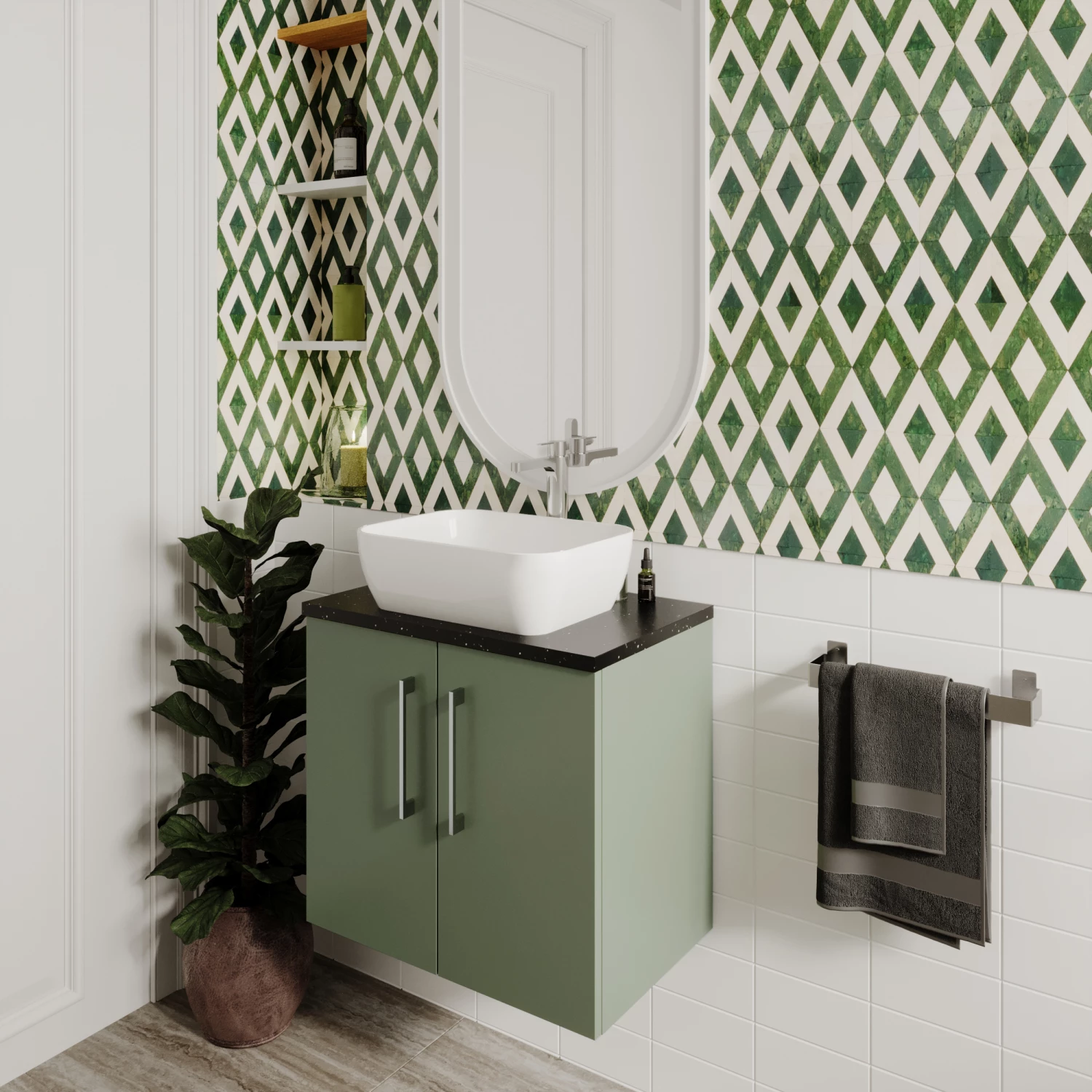 Nuie Arno Wall Hung 2-Door Vanity Unit With Sparkling White Worktop 600mm Wide - Satin Reed Green 7 Nuie Arno Wall Hung 2-Door Vanity Unit With Sparkling White Worktop 600mm Wide - Satin Reed Green - Image 5