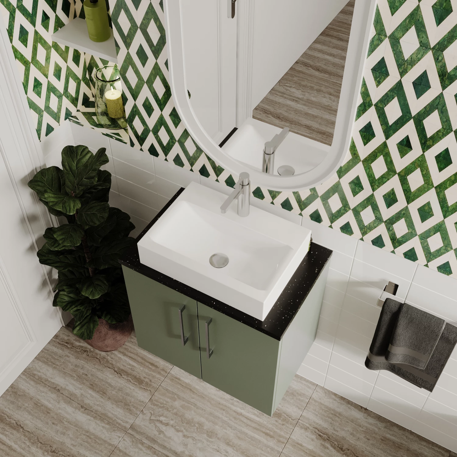 Nuie Arno Wall Hung 2-Door Vanity Unit With Sparkling White Worktop 600mm Wide - Satin Reed Green 8 Nuie Arno Wall Hung 2-Door Vanity Unit With Sparkling White Worktop 600mm Wide - Satin Reed Green - Image 6