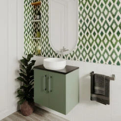 Nuie Arno Wall Hung 2-Door Vanity Unit With Sparkling White Worktop 600mm Wide - Satin Reed Green