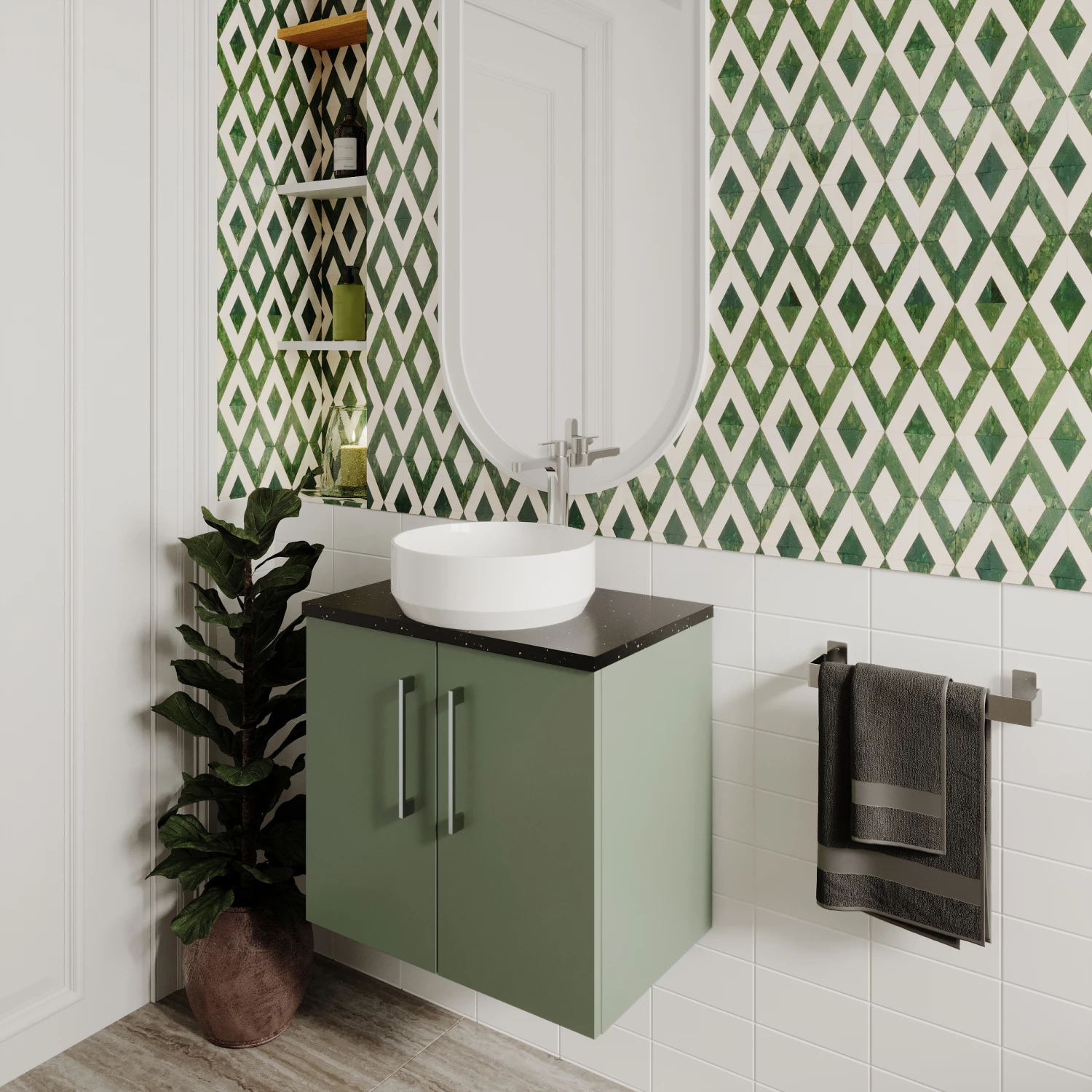Nuie Arno Wall Hung 2-Door Vanity Unit With Sparkling White Worktop 600mm Wide - Satin Reed Green 3 Nuie Arno Wall Hung 2-Door Vanity Unit With Sparkling White Worktop 600mm Wide - Satin Reed Green