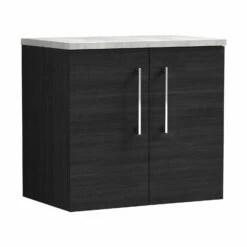 Nuie Arno Wall Hung 2-Door Vanity Unit With Bellato Grey Worktop 600mm Wide - Black Woodgrain