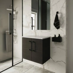 Nuie Arno Wall Hung 2-Door Vanity Unit With Sparkling White Worktop 600mm Wide - Black Woodgrain -HEATANDPLUMB Sales nuie arno vanity unit arn623lsw 2