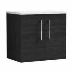 Nuie Arno Wall Hung 2-Door Vanity Unit With Sparkling White Worktop 600mm Wide - Black Woodgrain -HEATANDPLUMB Sales nuie arno vanity unit arn623lsw 3