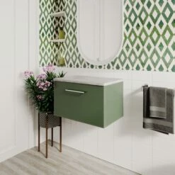 Nuie Arno Wall Hung 1-Drawer Vanity Unit With Bellato Grey Worktop 600mm Wide - Satin Reed Green