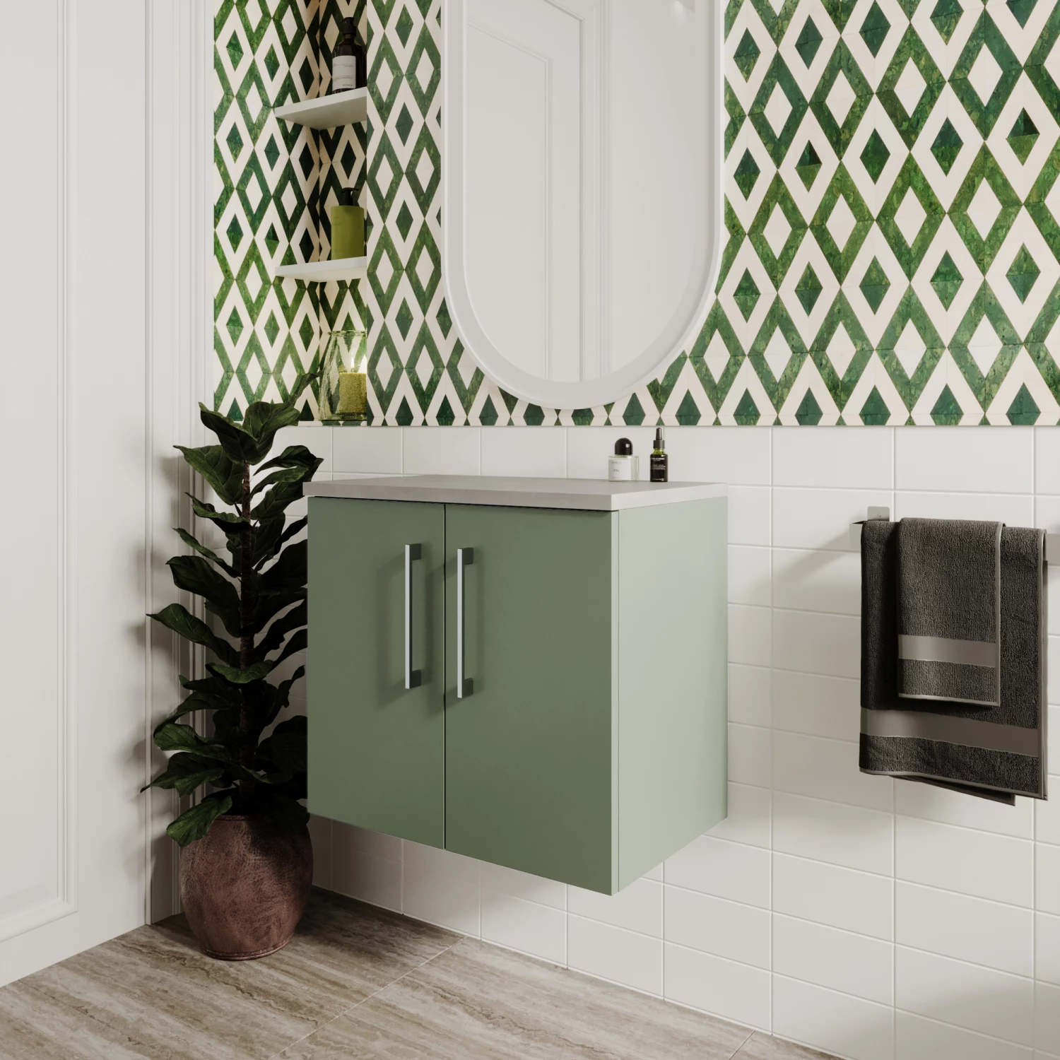 Nuie Arno Wall Hung 2-Door Vanity Unit With Sparkling White Worktop 600mm Wide - Satin Reed Green 9 Nuie Arno Wall Hung 2-Door Vanity Unit With Sparkling White Worktop 600mm Wide - Satin Reed Green - Image 7