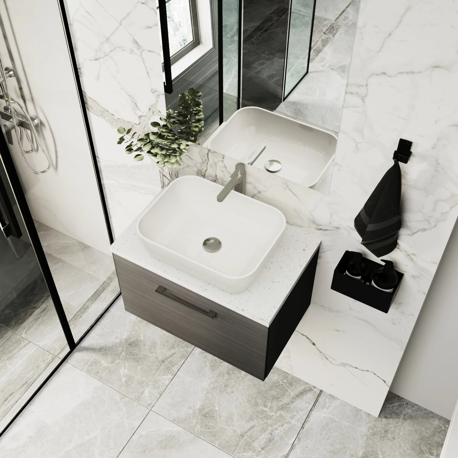 Nuie Arno Wall Hung 1-Drawer Vanity Unit With Worktop 600mm Wide - Anthracite Woodgrain 6 Nuie Arno Wall Hung 1-Drawer Vanity Unit With Worktop 600mm Wide - Anthracite Woodgrain - Image 4