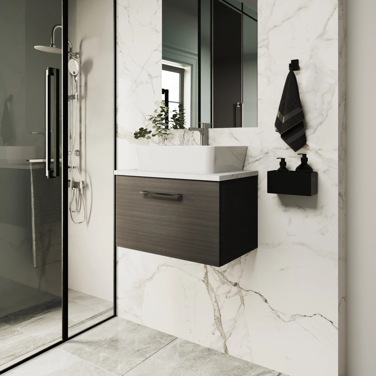 Nuie Arno Wall Hung 1-Drawer Vanity Unit With Worktop 600mm Wide - Anthracite Woodgrain 4 Nuie Arno Wall Hung 1-Drawer Vanity Unit With Worktop 600mm Wide - Anthracite Woodgrain - Image 2