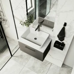 Nuie Arno Wall Hung 1-Drawer Vanity Unit With Sparkling White Worktop 600mm Wide - Black Woodgrain -HEATANDPLUMB Sales nuie arno vanity unit pmarwh1drvuw6 28 1