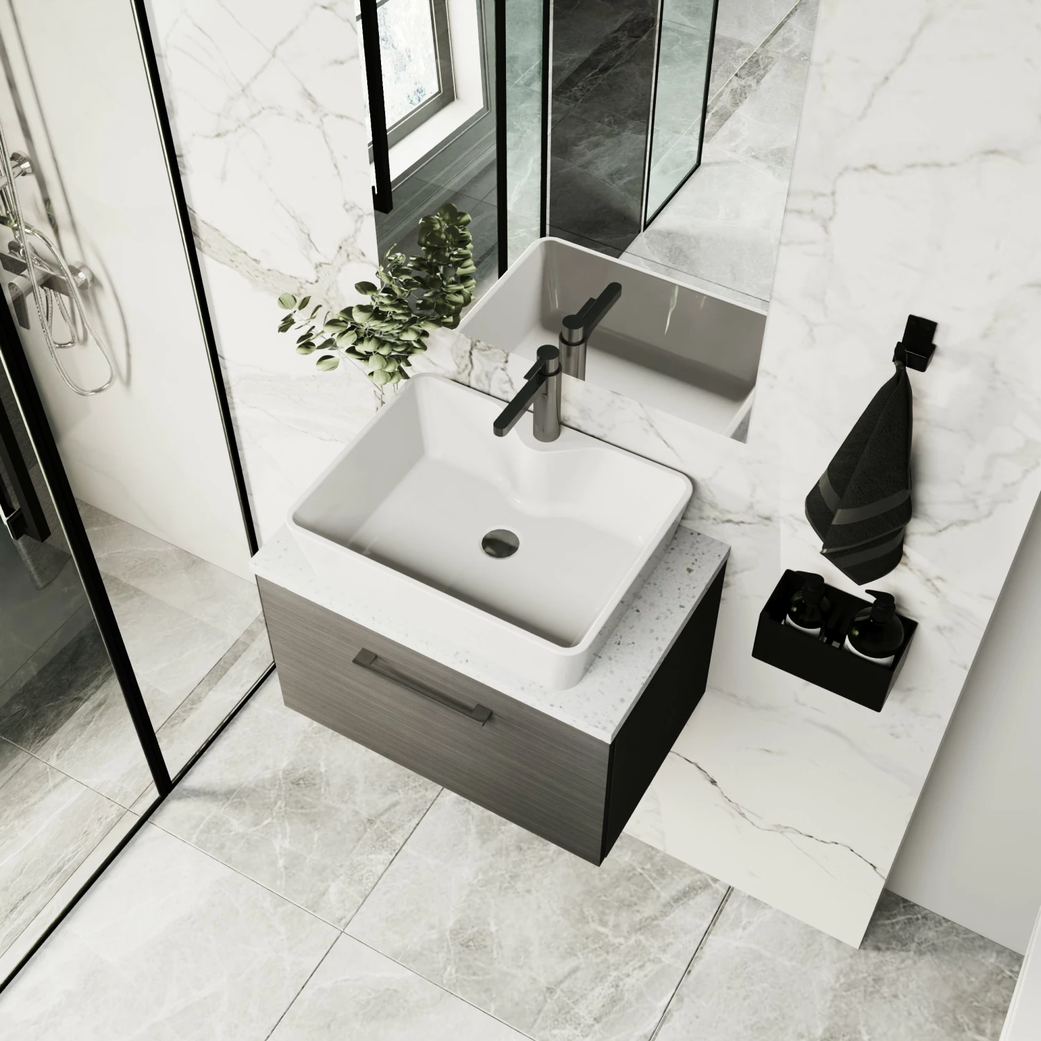 Nuie Arno Wall Hung 1-Drawer Vanity Unit With Worktop 600mm Wide - Gloss White 4 Nuie Arno Wall Hung 1-Drawer Vanity Unit With Worktop 600mm Wide - Gloss White - Image 2