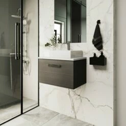 Nuie Arno Wall Hung 1-Drawer Vanity Unit With Bellato Grey Worktop 600mm Wide - Black Woodgrain -HEATANDPLUMB Sales nuie arno vanity unit pmarwh1drvuw6 30 1
