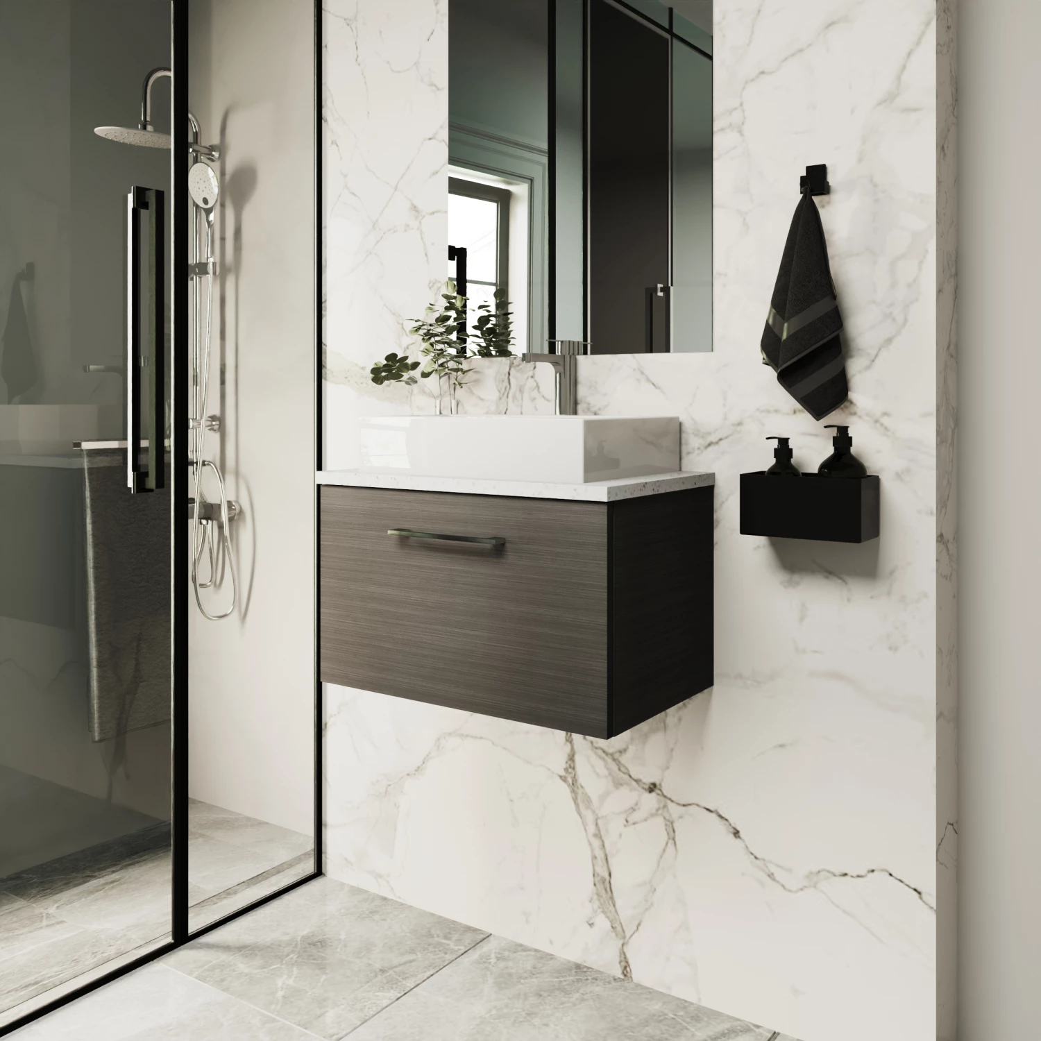 Nuie Arno Wall Hung 1-Drawer Vanity Unit With Worktop 600mm Wide - Black Woodgrain 11 Nuie Arno Wall Hung 1-Drawer Vanity Unit With Worktop 600mm Wide - Black Woodgrain - Image 9