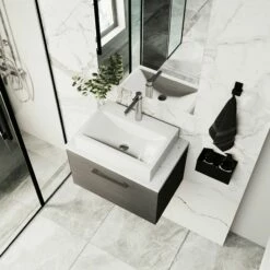 Nuie Arno Wall Hung 1-Drawer Vanity Unit With Sparkling White Worktop 600mm Wide - Anthracite Woodgrain